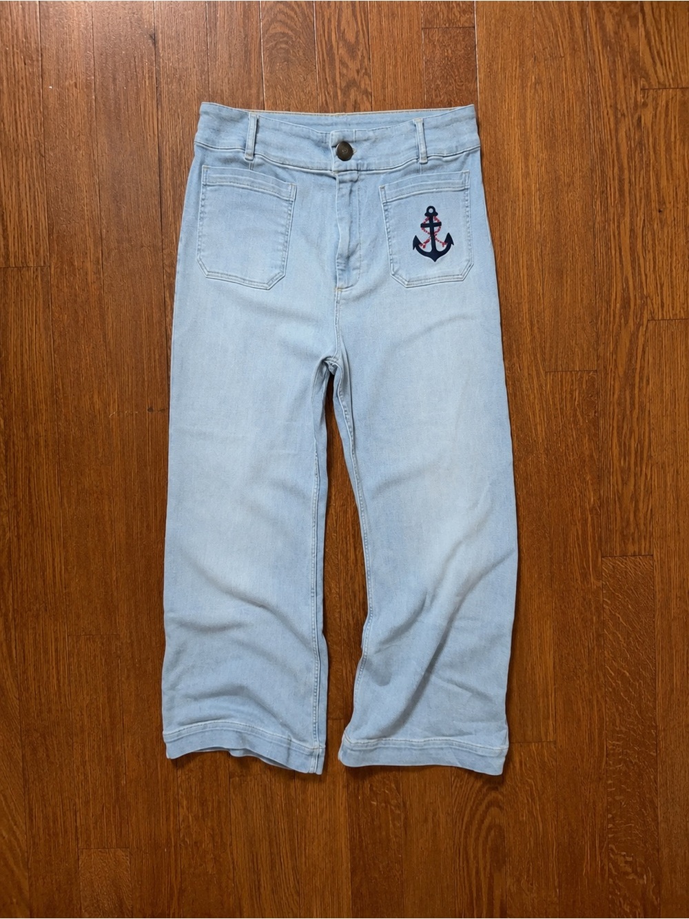 Maeve Colette Full Length Light Blue Flare Jeans with Anchor Patch Sz 34